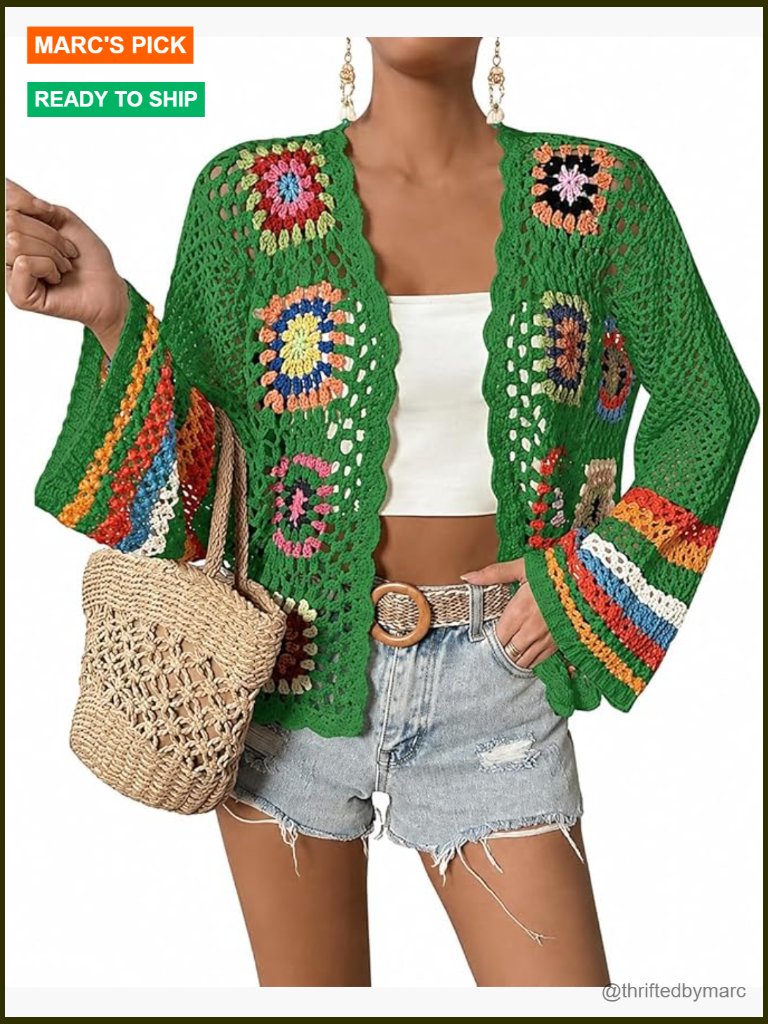 Crochet Cardigan Sweater Boho Hollow Out Open Front Long Sleeve Y2k Retro Top